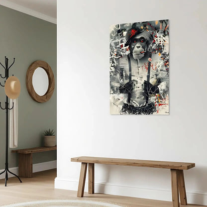 Singe au regard perçant entouré de graffitis, nuances de gris et éclats de rouge, ambiance urbaine et rebelle.