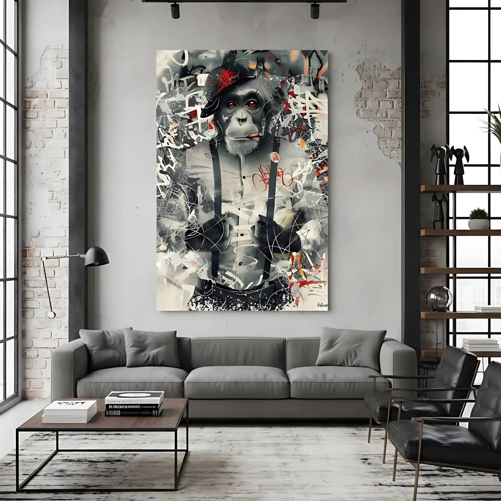 Singe au regard perçant entouré de graffitis, nuances de gris et éclats de rouge, ambiance urbaine et rebelle.