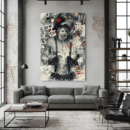 Singe au regard perçant entouré de graffitis, nuances de gris et éclats de rouge, ambiance urbaine et rebelle.