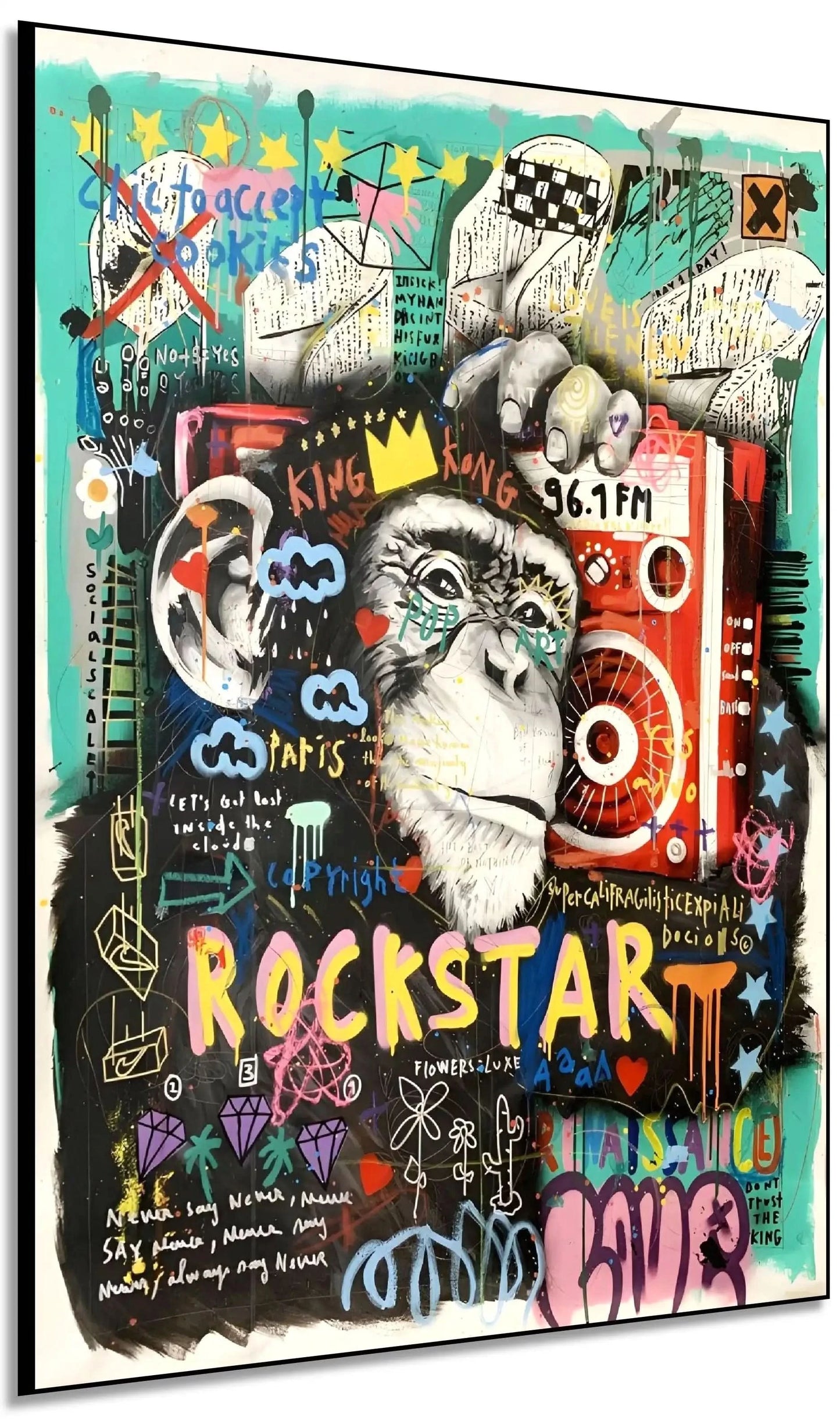 Tableau pop art avec gorille couronné, graffitis colorés, rouge éclatant et turquoise vif, ambiance urbaine et dynamique.