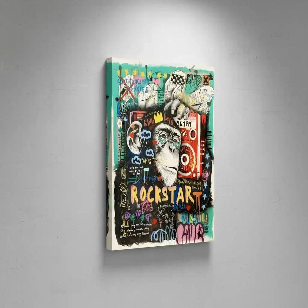 Tableau pop art avec gorille couronné, graffitis colorés, rouge éclatant et turquoise vif, ambiance urbaine et dynamique.