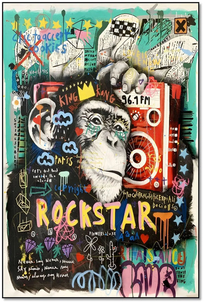 Tableau pop art avec gorille couronné, graffitis colorés, rouge éclatant et turquoise vif, ambiance urbaine et dynamique.