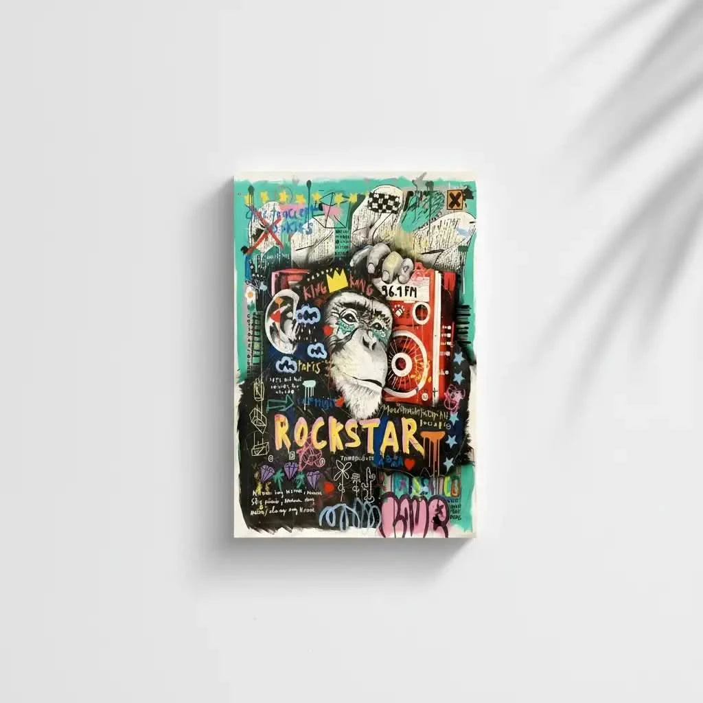 Tableau pop art avec gorille couronné, graffitis colorés, rouge éclatant et turquoise vif, ambiance urbaine et dynamique.