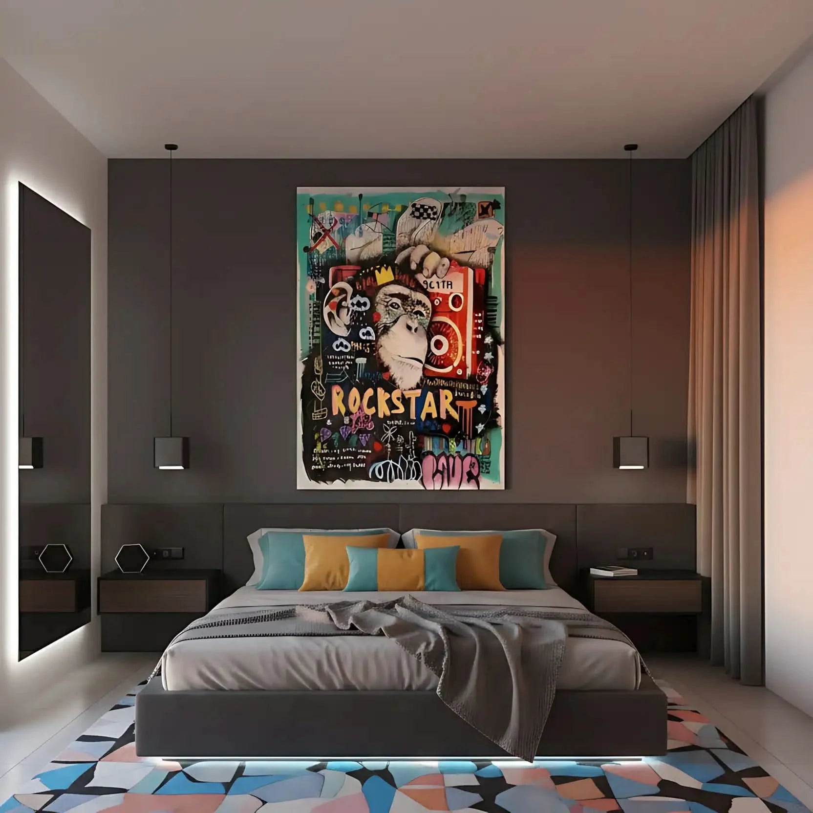 Tableau pop art avec gorille couronné, graffitis colorés, rouge éclatant et turquoise vif, ambiance urbaine et dynamique.