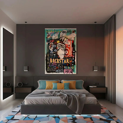 Tableau pop art avec gorille couronné, graffitis colorés, rouge éclatant et turquoise vif, ambiance urbaine et dynamique.