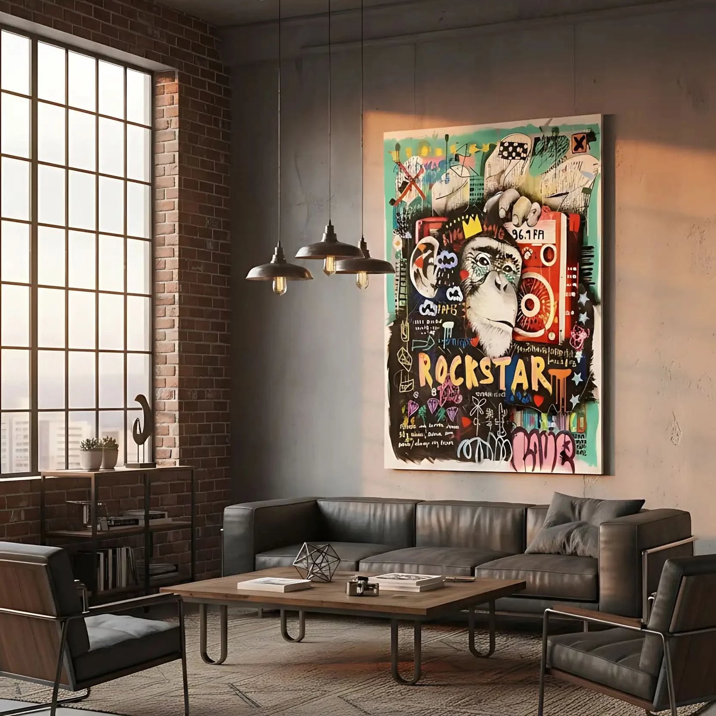 Tableau pop art avec gorille couronné, graffitis colorés, rouge éclatant et turquoise vif, ambiance urbaine et dynamique.