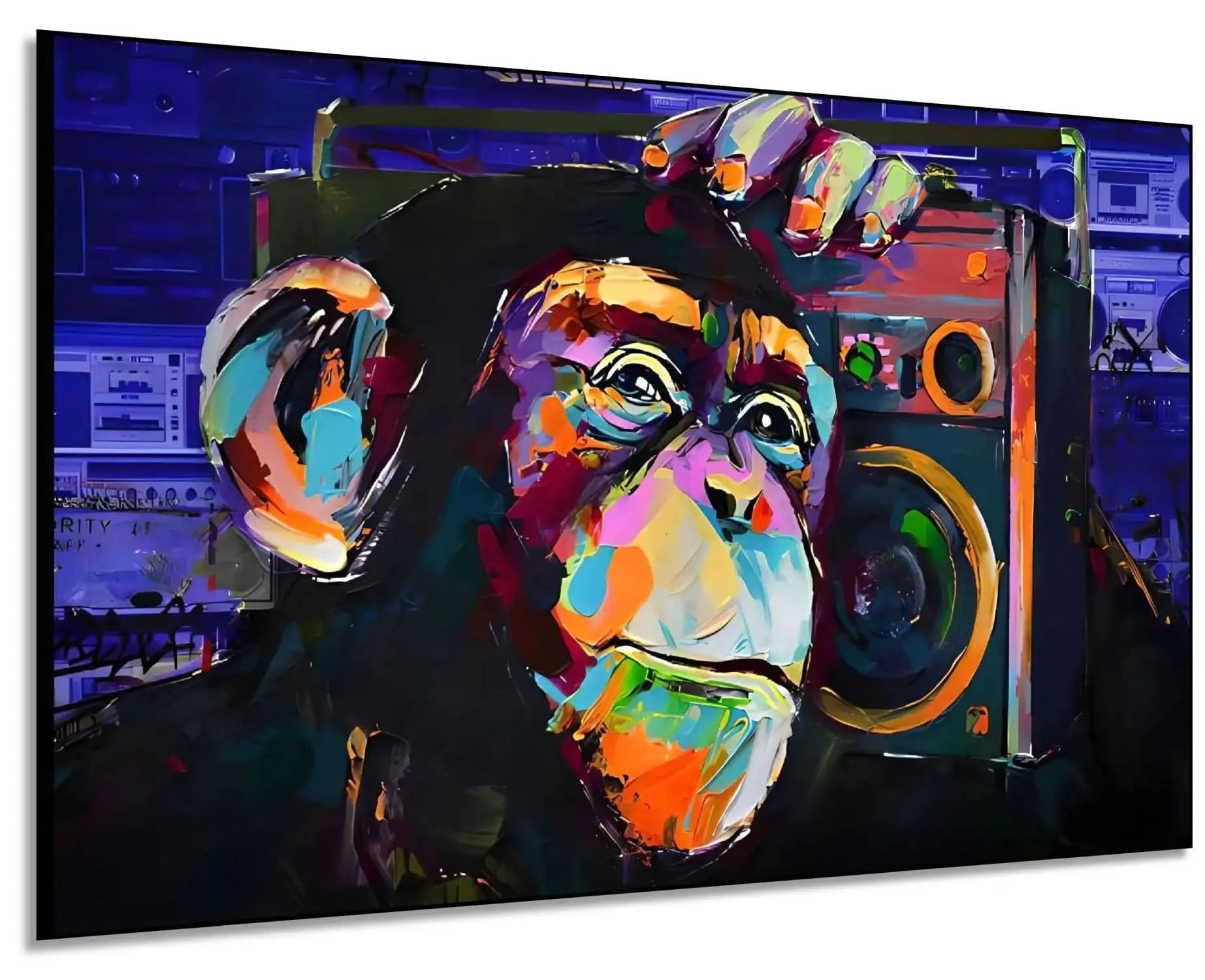 Tableau pop art avec singe vibrant et radio, couleurs éclatantes, ambiance ludique pour salon moderne.