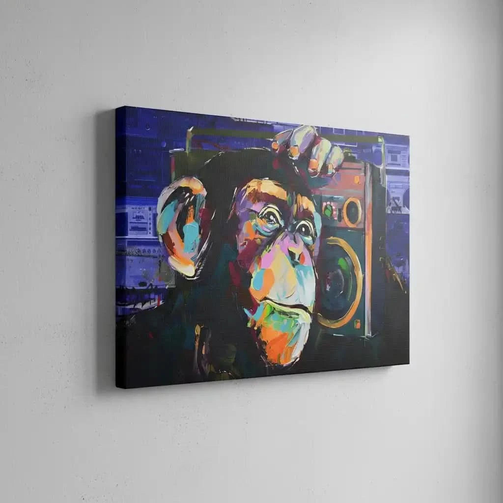 Tableau pop art avec singe vibrant et radio, couleurs éclatantes, ambiance ludique pour salon moderne.