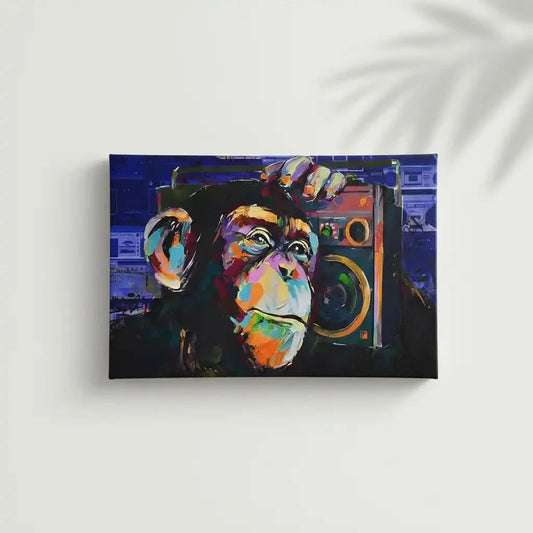 Tableau pop art avec singe vibrant et radio, couleurs éclatantes, ambiance ludique pour salon moderne.