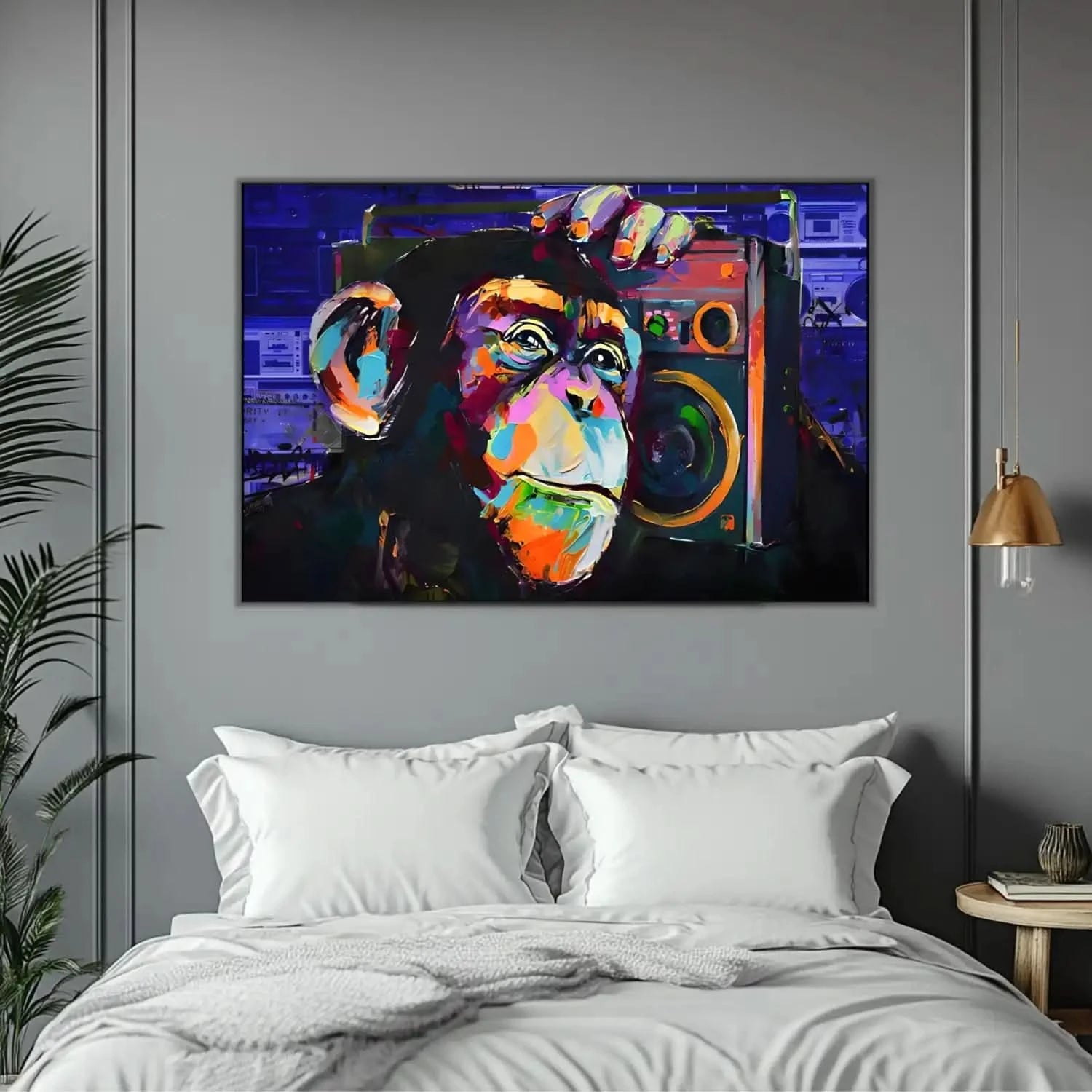 Tableau pop art avec singe vibrant et radio, couleurs éclatantes, ambiance ludique pour salon moderne.