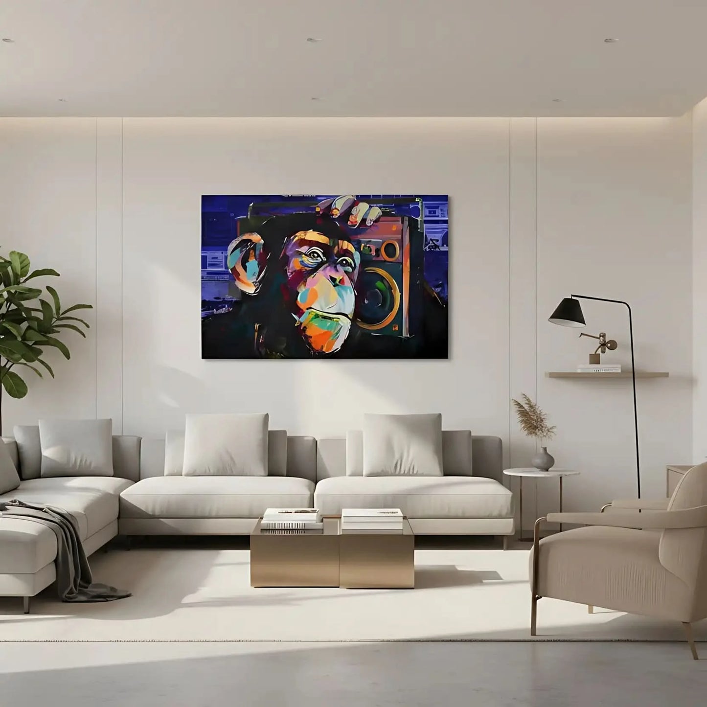 Tableau pop art avec singe vibrant et radio, couleurs éclatantes, ambiance ludique pour salon moderne.