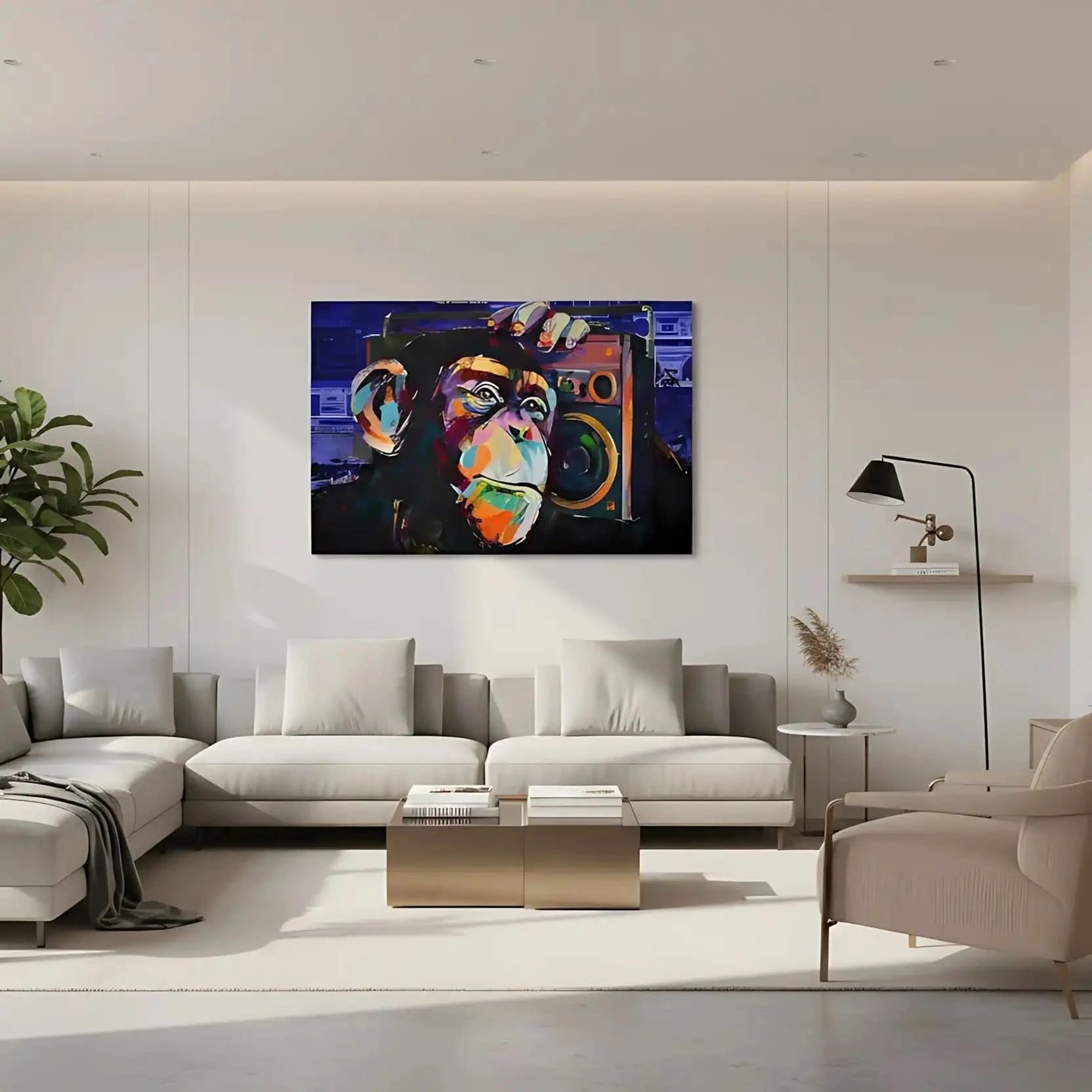 Tableau pop art avec singe vibrant et radio, couleurs éclatantes, ambiance ludique pour salon moderne.