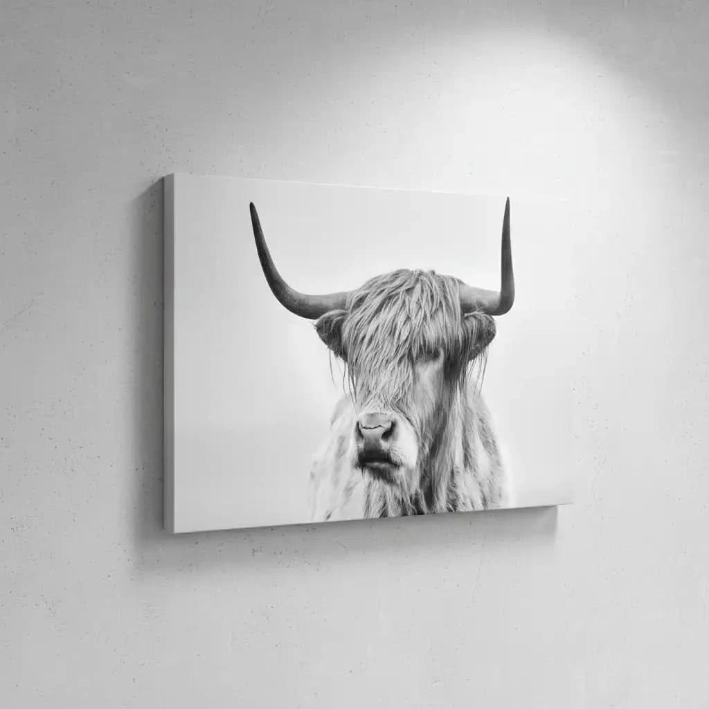 Photographie noir et blanc d'un boeuf Highland, sérénité et puissance pour salon moderne ou bureau, ambiance élégante.