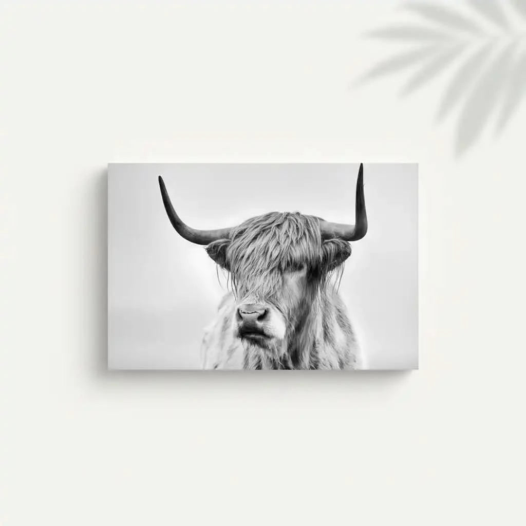 Photographie noir et blanc d'un boeuf Highland, sérénité et puissance pour salon moderne ou bureau, ambiance élégante.