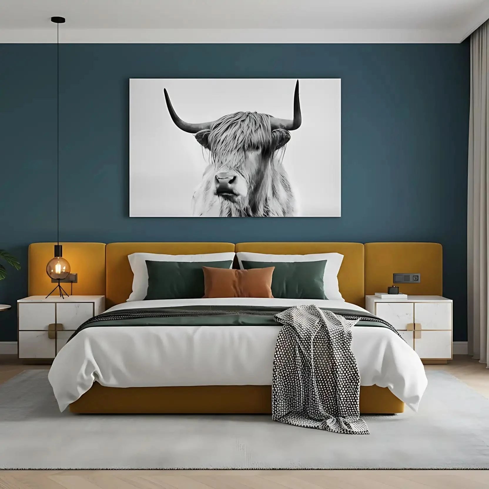 Photographie noir et blanc d'un boeuf Highland, sérénité et puissance pour salon moderne ou bureau, ambiance élégante.