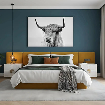 Photographie noir et blanc d'un boeuf Highland, sérénité et puissance pour salon moderne ou bureau, ambiance élégante.
