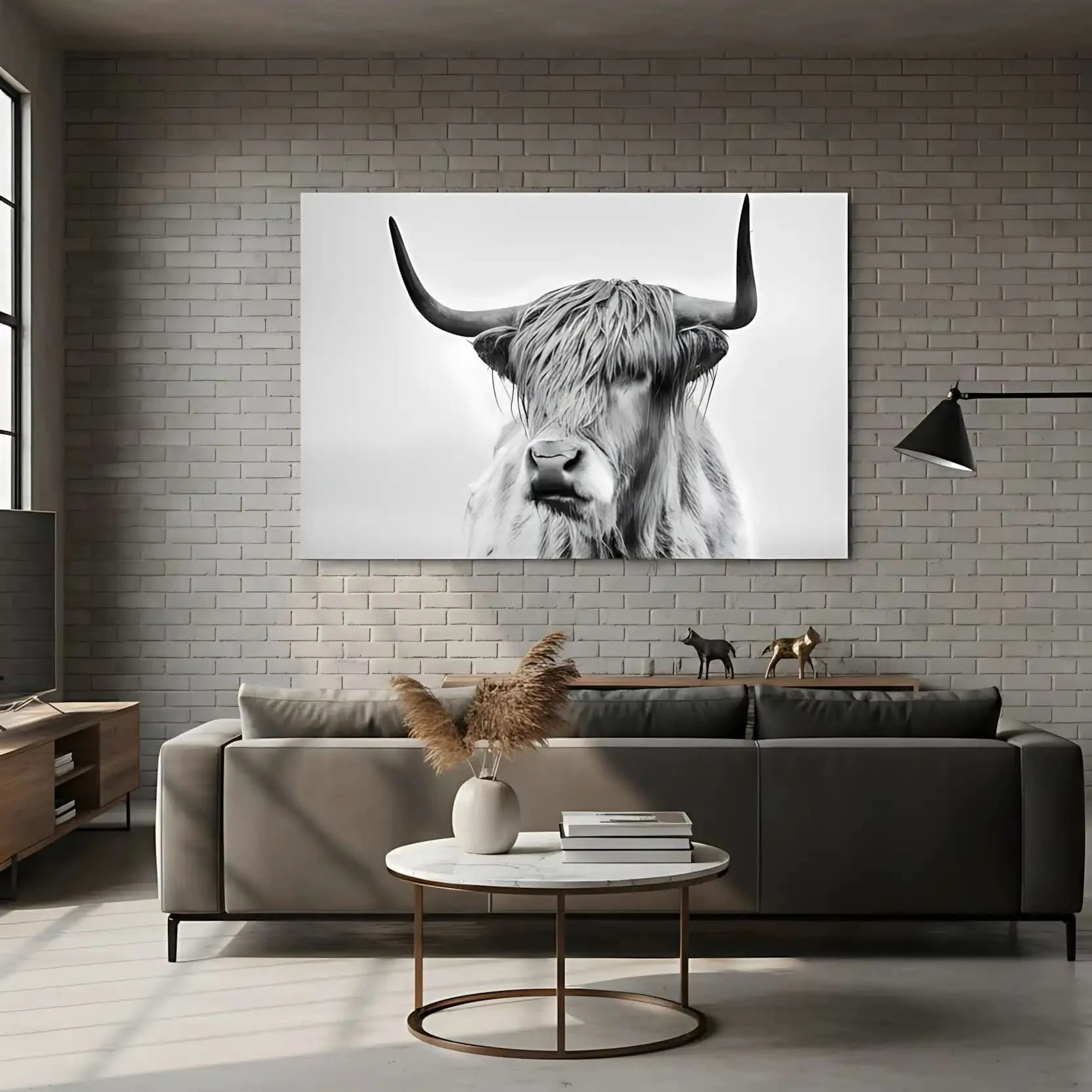 Photographie noir et blanc d'un boeuf Highland, sérénité et puissance pour salon moderne ou bureau, ambiance élégante.