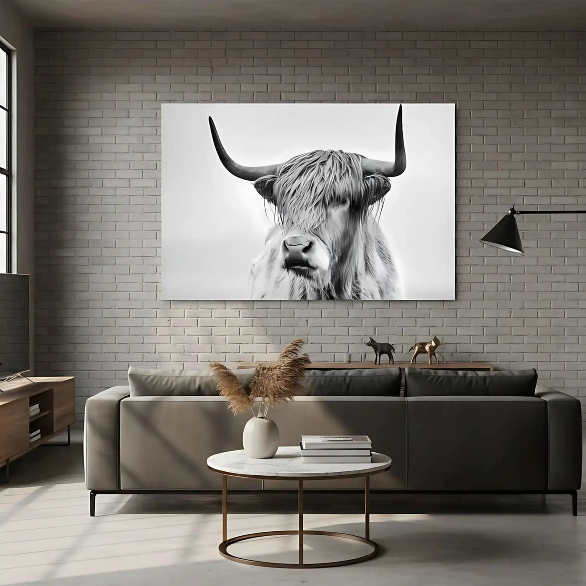Photographie noir et blanc d'un boeuf Highland, sérénité et puissance pour salon moderne ou bureau, ambiance élégante.