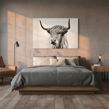 Photographie noir et blanc d'un boeuf Highland, sérénité et puissance pour salon moderne ou bureau, ambiance élégante.