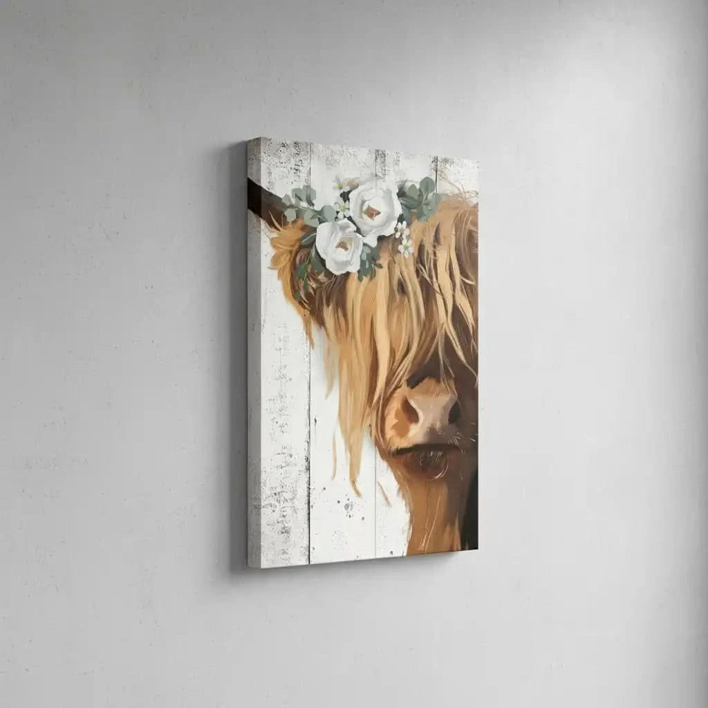 Vache Highland avec couronne de fleurs blanches, ambiance rustique et naturelle pour salon ou cuisine.