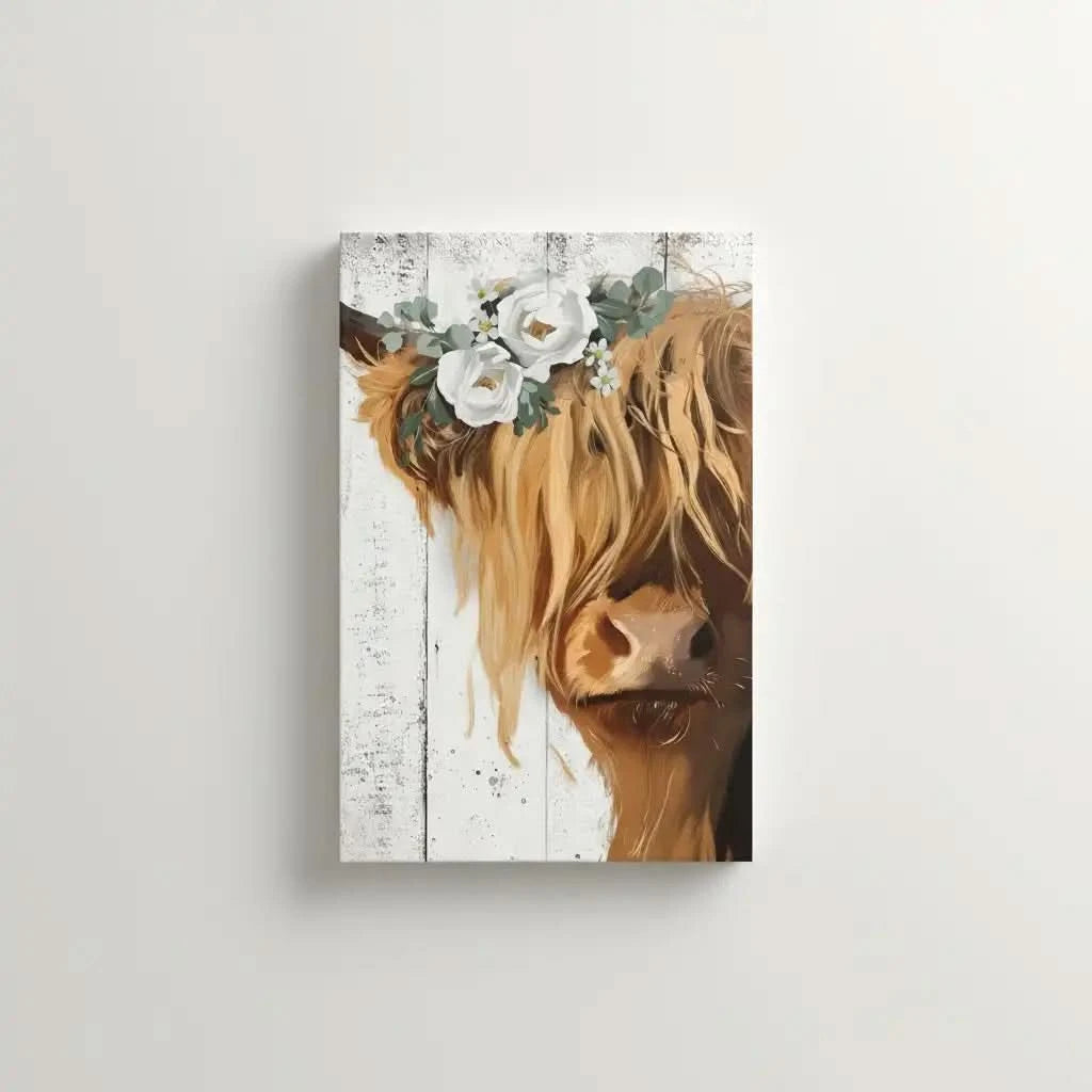 Vache Highland avec couronne de fleurs blanches, ambiance rustique et naturelle pour salon ou cuisine.