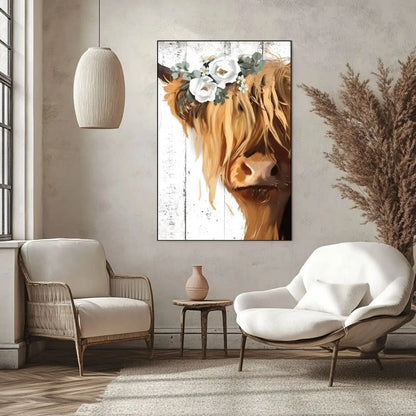 Vache Highland avec couronne de fleurs blanches, ambiance rustique et naturelle pour salon ou cuisine.