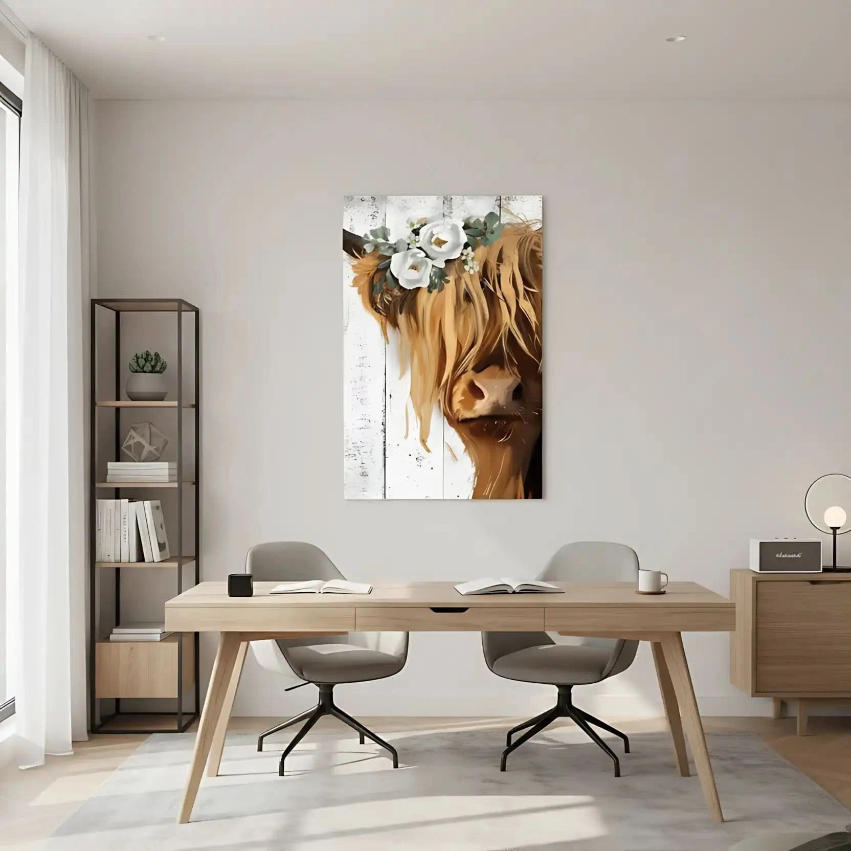 Vache Highland avec couronne de fleurs blanches, ambiance rustique et naturelle pour salon ou cuisine.