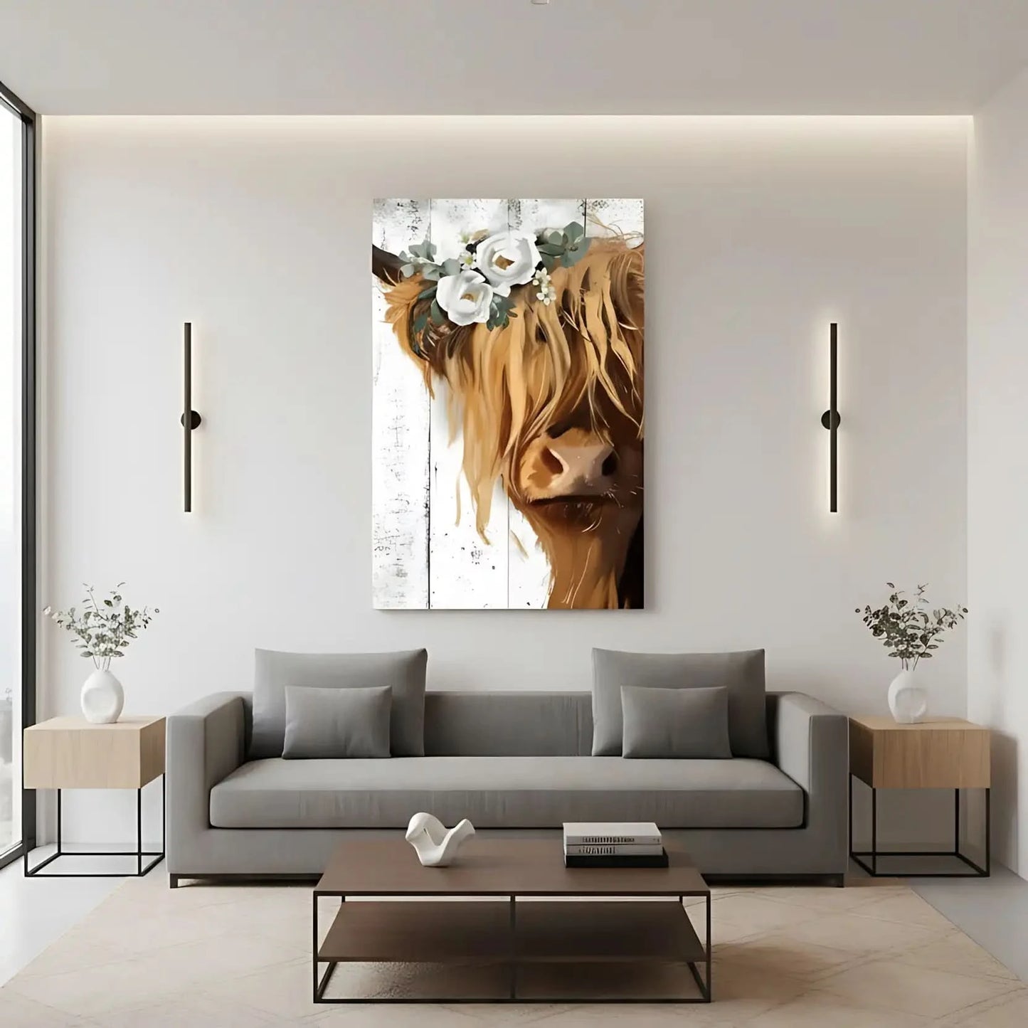 Vache Highland avec couronne de fleurs blanches, ambiance rustique et naturelle pour salon ou cuisine.