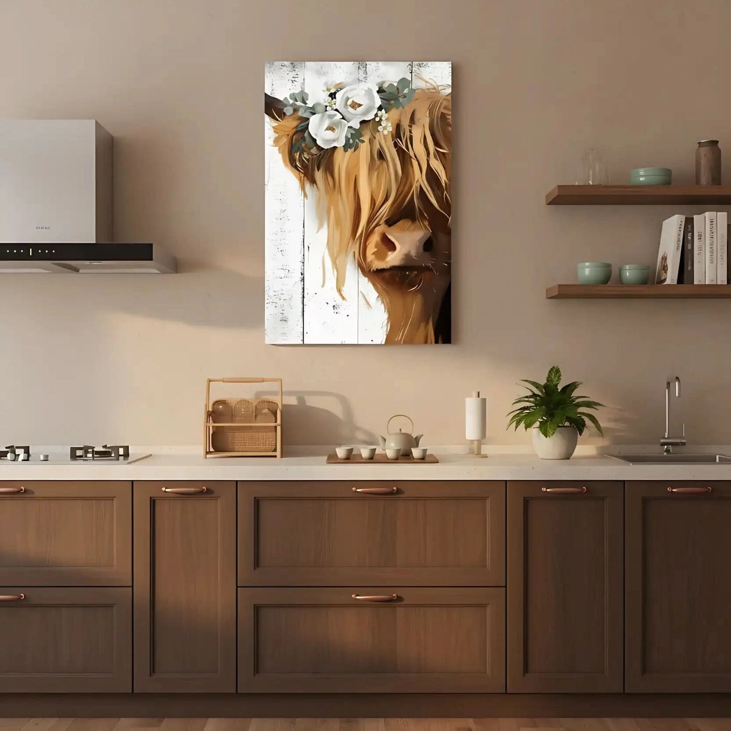 Vache Highland avec couronne de fleurs blanches, ambiance rustique et naturelle pour salon ou cuisine.
