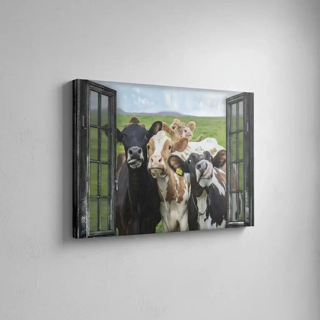 Groupe de vaches curieuses encadrées par une fenêtre rustique, scène champêtre humoristique et vivante pour cuisine ou salon.