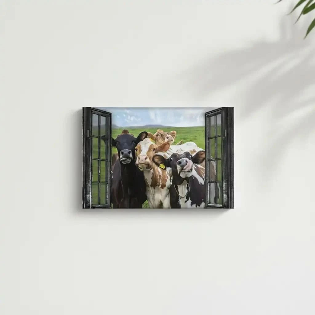 Groupe de vaches curieuses encadrées par une fenêtre rustique, scène champêtre humoristique et vivante pour cuisine ou salon.