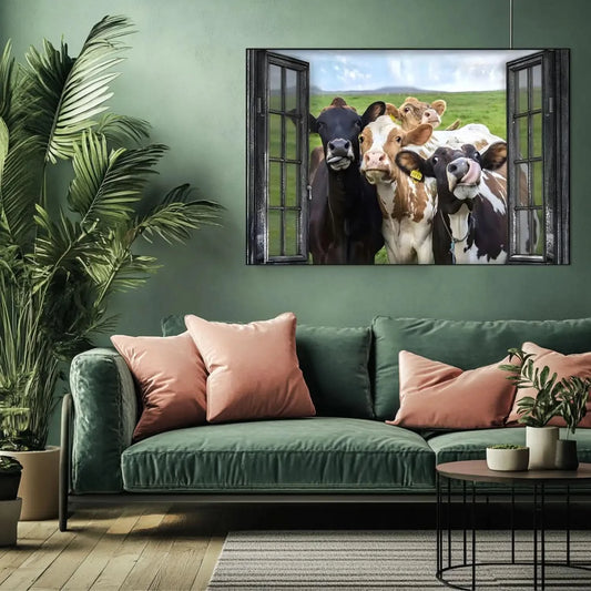 Groupe de vaches curieuses encadrées par une fenêtre rustique, scène champêtre humoristique et vivante pour cuisine ou salon.