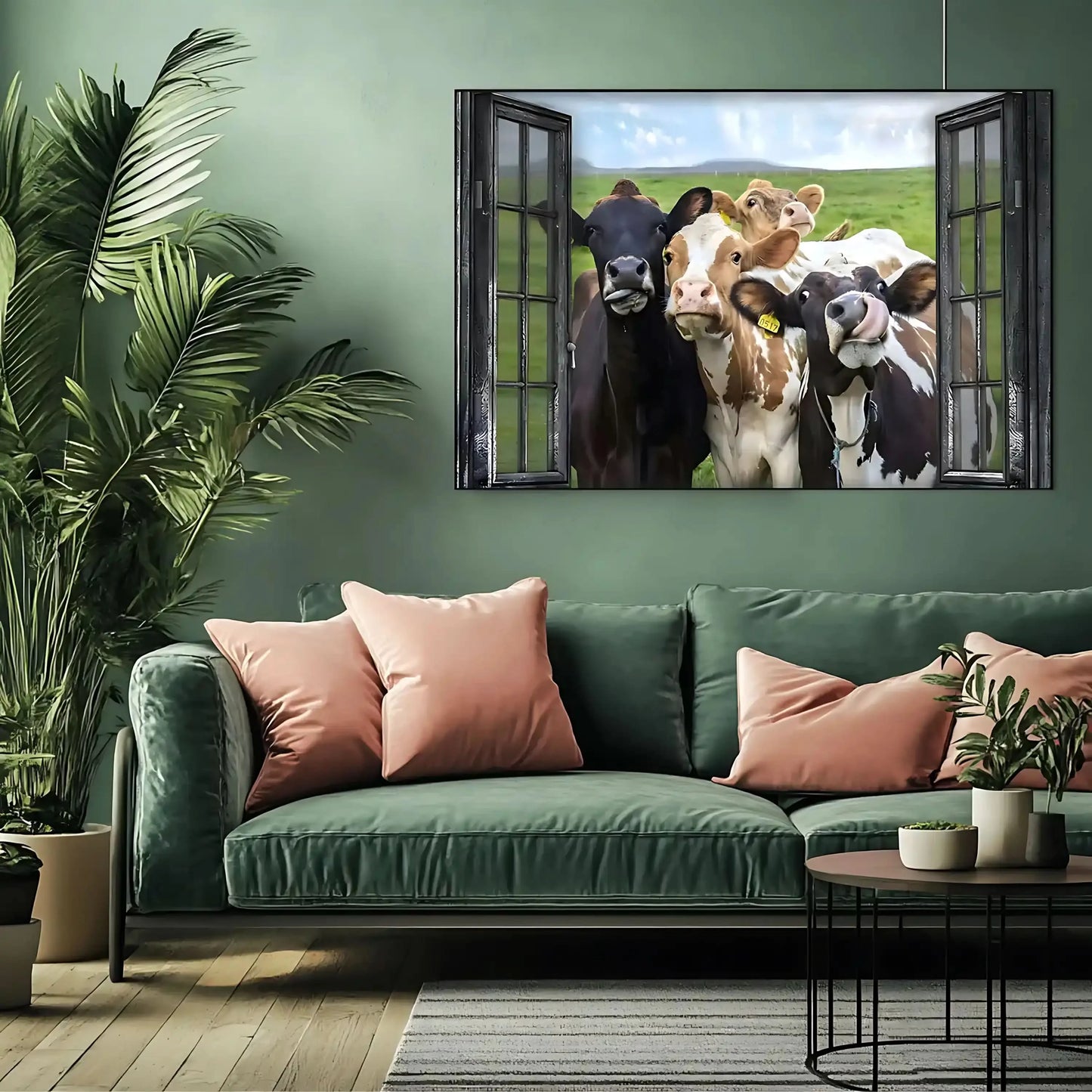 Groupe de vaches curieuses encadrées par une fenêtre rustique, scène champêtre humoristique et vivante pour cuisine ou salon.