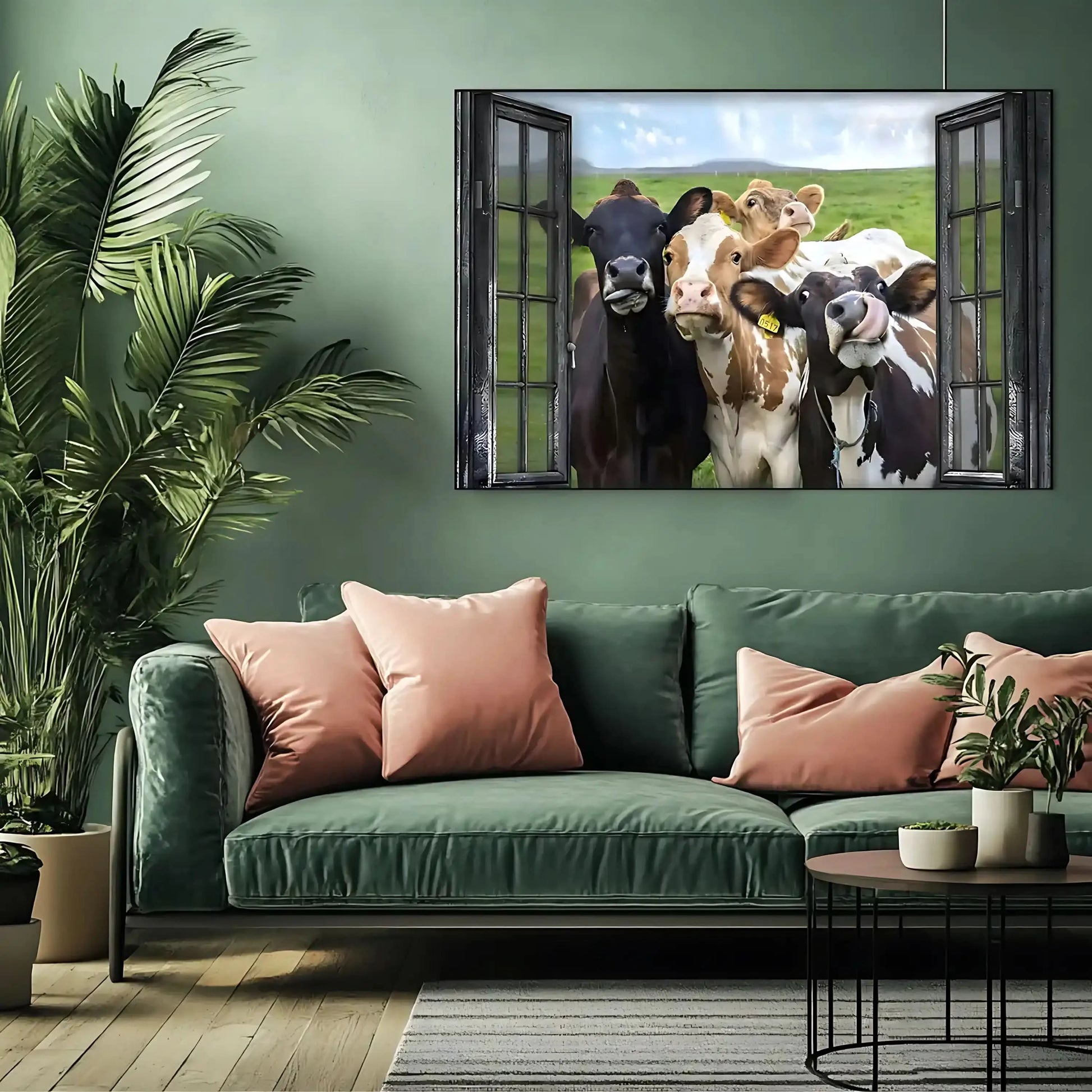 Groupe de vaches curieuses encadrées par une fenêtre rustique, scène champêtre humoristique et vivante pour cuisine ou salon.
