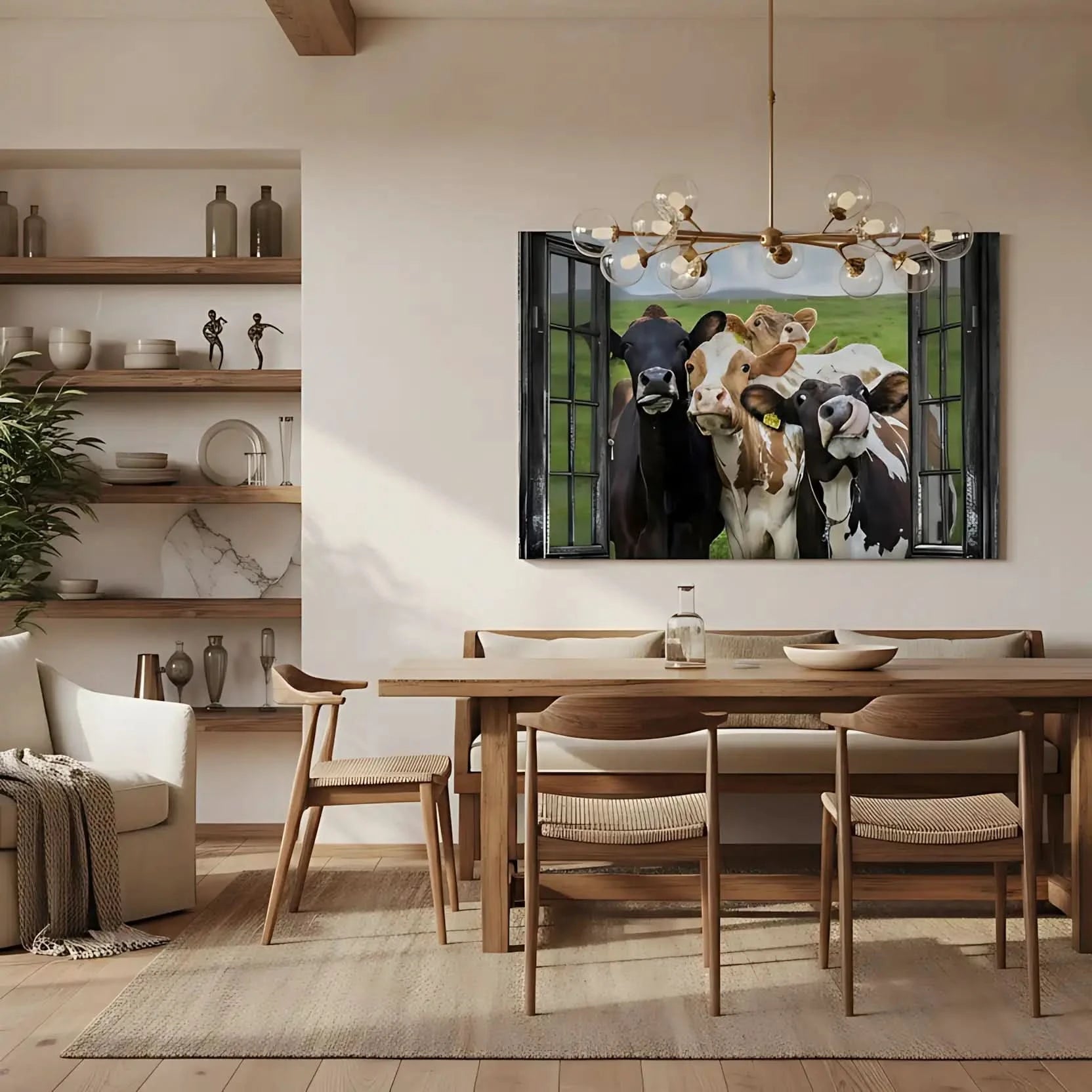 Groupe de vaches curieuses encadrées par une fenêtre rustique, scène champêtre humoristique et vivante pour cuisine ou salon.
