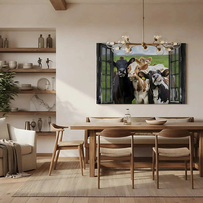 Groupe de vaches curieuses encadrées par une fenêtre rustique, scène champêtre humoristique et vivante pour cuisine ou salon.