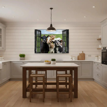 Groupe de vaches curieuses encadrées par une fenêtre rustique, scène champêtre humoristique et vivante pour cuisine ou salon.