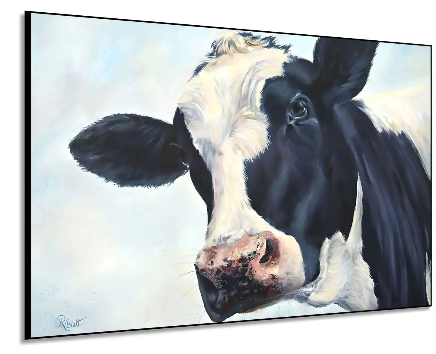 Portrait réaliste d'une vache en noir et blanc, ambiance rustique et apaisante pour salon ou cuisine.