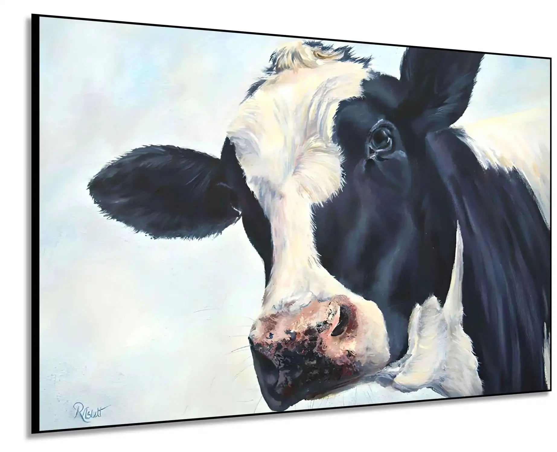 Portrait réaliste d'une vache en noir et blanc, ambiance rustique et apaisante pour salon ou cuisine.