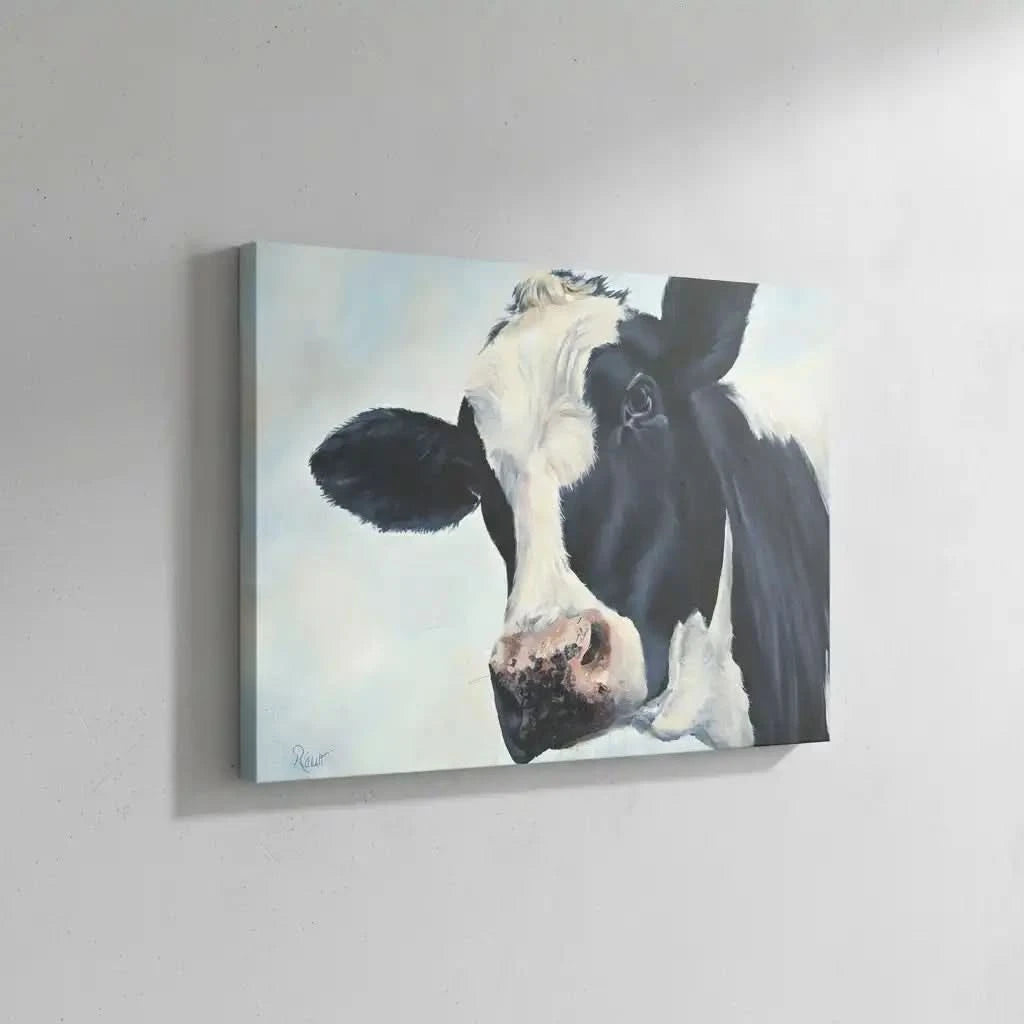 Portrait réaliste d'une vache en noir et blanc, ambiance rustique et apaisante pour salon ou cuisine.