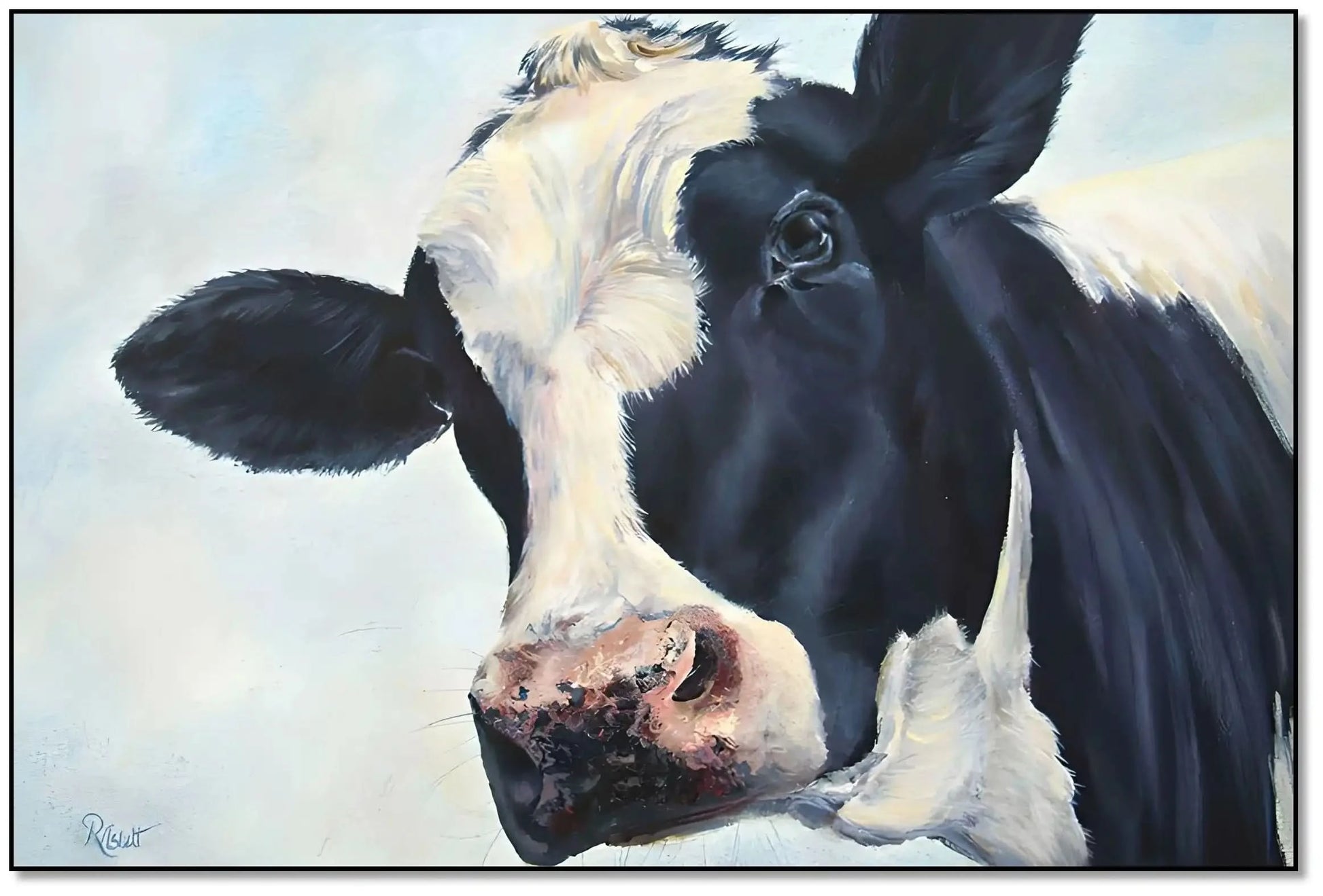 Portrait réaliste d'une vache en noir et blanc, ambiance rustique et apaisante pour salon ou cuisine.