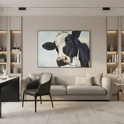 Portrait réaliste d'une vache en noir et blanc, ambiance rustique et apaisante pour salon ou cuisine.