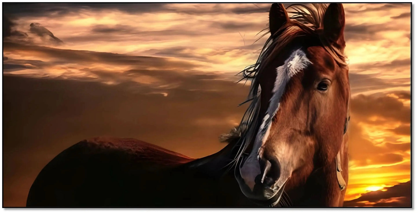 Cheval majestueux sur fond de ciel crépusculaire doré et orangé, ambiance sereine et puissante pour salon ou bureau.