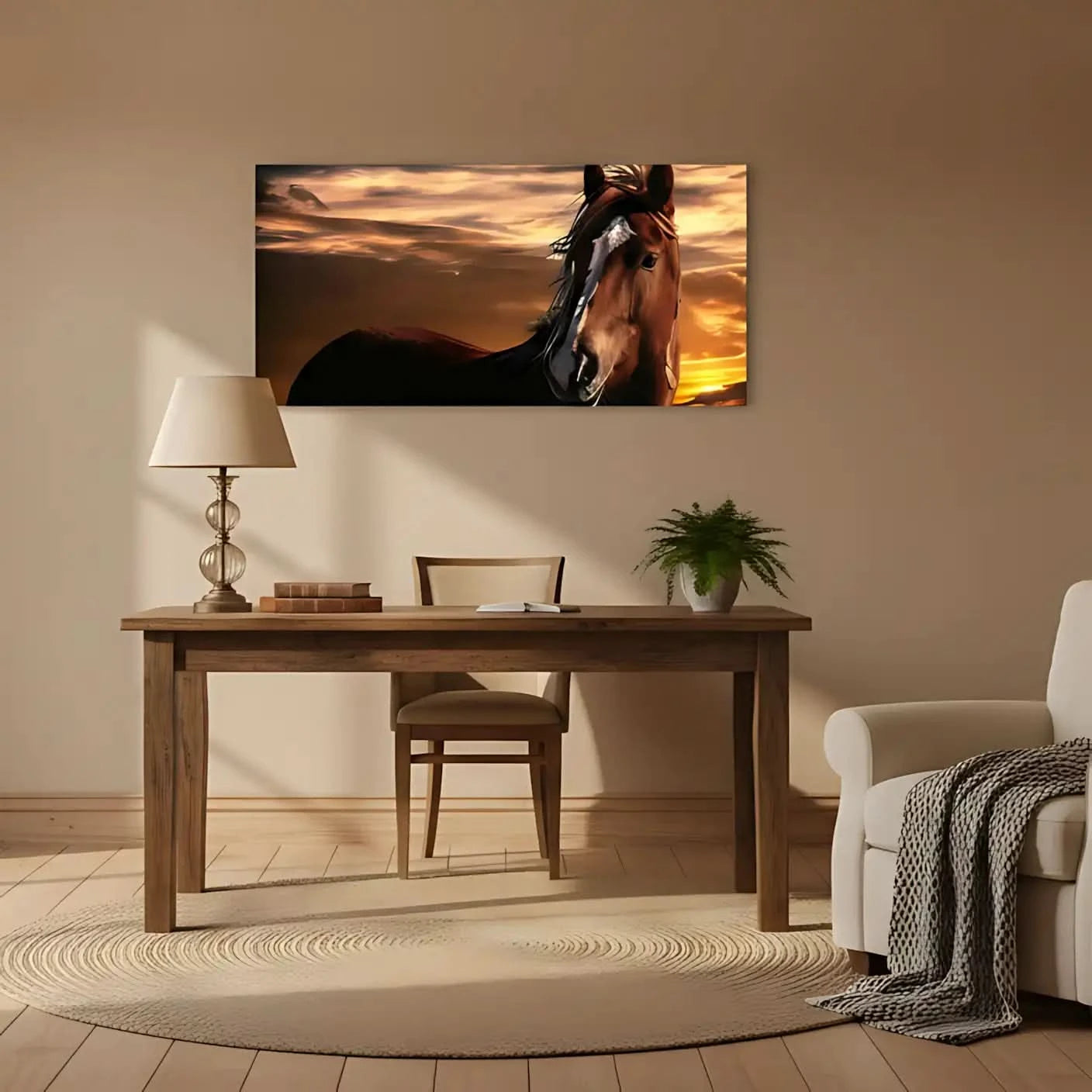 Cheval majestueux sur fond de ciel crépusculaire doré et orangé, ambiance sereine et puissante pour salon ou bureau.