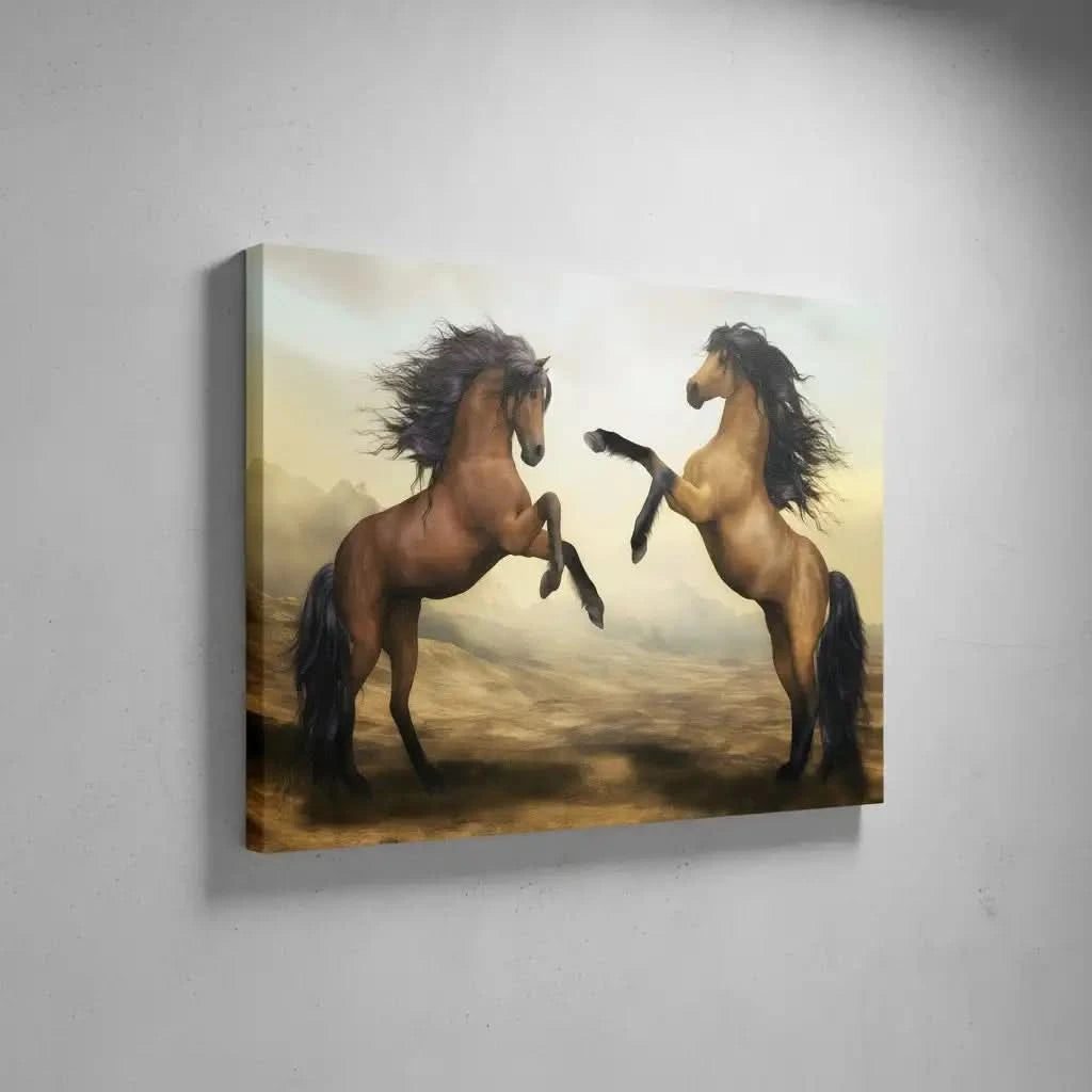 Deux chevaux majestueux se cabrant dans un paysage désertique doré, crinières noires flottantes, ambiance de liberté et de pu
