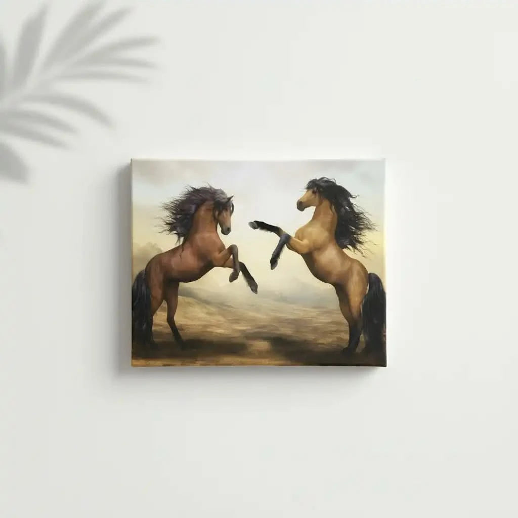 Deux chevaux majestueux se cabrant dans un paysage désertique doré, crinières noires flottantes, ambiance de liberté et de pu