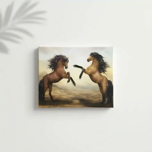 Deux chevaux majestueux se cabrant dans un paysage désertique doré, crinières noires flottantes, ambiance de liberté et de pu