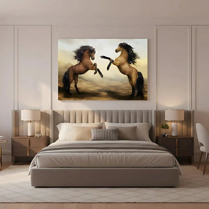Deux chevaux majestueux se cabrant dans un paysage désertique doré, crinières noires flottantes, ambiance de liberté et de pu