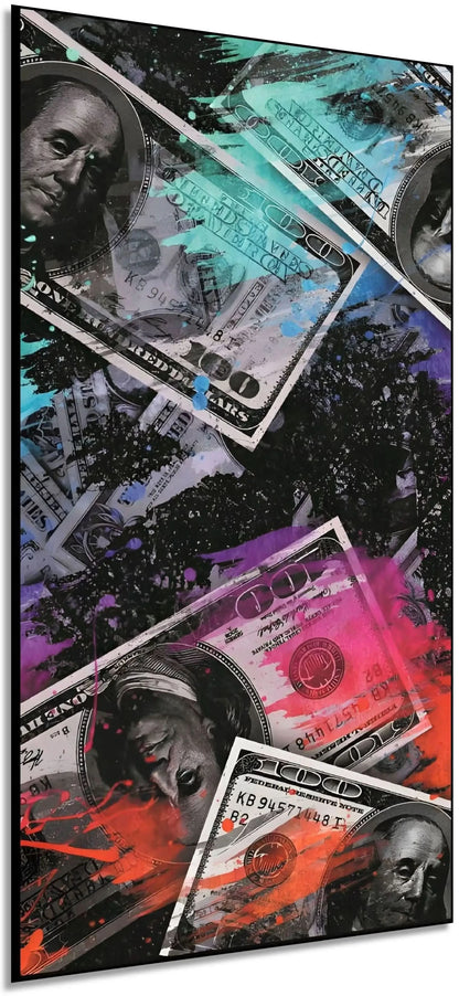 Œuvre moderne avec billets de banque et couleurs vives, bleu, rouge et violet, pour salon contemporain ou bureau.