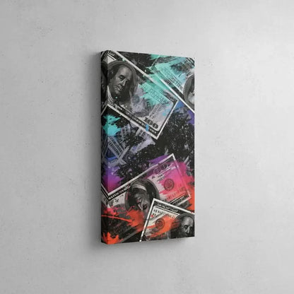 Oeuvre moderne avec billets de banque et couleurs vives, bleu, rouge et violet, pour salon contemporain ou bureau.